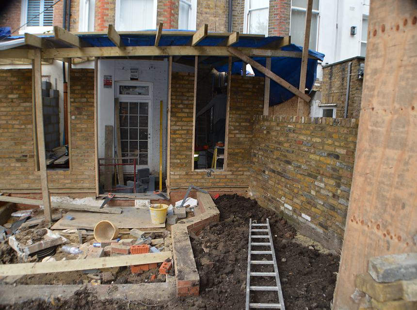 The rear elevation during the extension works