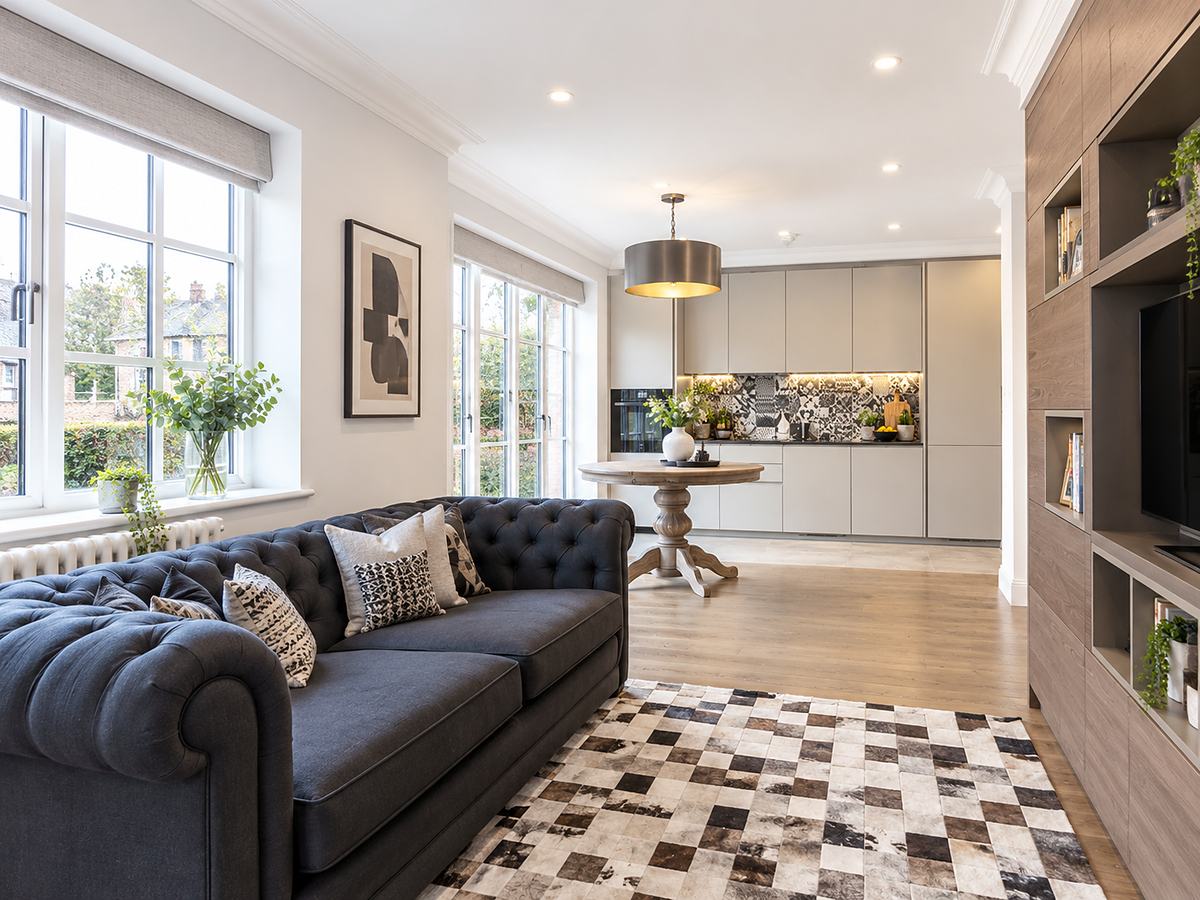 The finished open-plan living space in one of the completed flats
